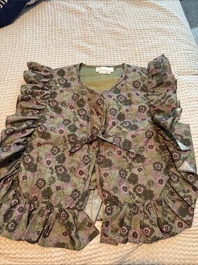 Anthropologie Olive Green Floral Ruffle Vest with Pink Accents